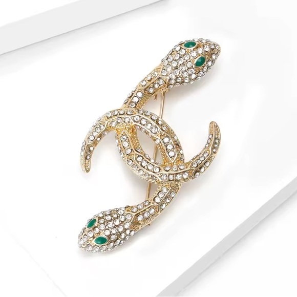 Serpenti Snake Gold Crystal Green Eyes Brooch - Picture 3 of 9